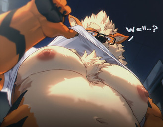 anthro body_hair chest_hair clothed clothing dialogue eyewear glasses looking_down low-angle_view male navel nipples pecs raised_clothing raised_shirt raised_topwear shirt solo t-shirt text topwear white_clothing white_shirt white_topwear zhuzhu75 nintendo pokemon arcanine generation_1_pokemon pokemon_(species) english_text hi_res