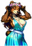 anthro breasts brown_body brown_fur brown_hair clothing dress eyes_closed female floral flower flower_crown flower_garland fur garland hair head_wreath long_hair nipple_slip nipples plant simple_background smile solo white_background carnivalecloudmuncher mammal ursid hi_res