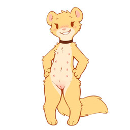 blush choker female fluffy fluffy_body fluffy_tail fur genitals hand_on_hip inner_ear_fluff jewelry multi_nipple necklace nipples pink_nose pussy round_ears simple_background smile solo tuft white_background yellow_body yellow_fur verbotenvertex mila_minx mammal mink mustelid musteline true_musteline hi_res