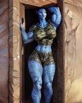 abs big_biceps big_muscles camo clothing crop_top doorway female hand_behind_head huge_biceps looking_at_viewer muscular muscular_female muscular_legs shirt solo standing tall_female tight_clothing topwear torn_clothing agreenfish alien alien_humanoid humanoid na'vi hi_res