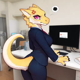 4_fingers annoyed anthro black_claws blurred_background breasts business_suit chair claws clothing computer_keyboard computer_mouse cross-popping_vein desk detailed_background female fingers fur furniture hand_on_table inside keyboard looking_at_viewer medium_breasts office_chair pink_eyes raised_tail rear_view solo standing suit table text white_body white_fur yellow_body yellow_fur adragocult jaune_(adragocult) furred_kobold kobold absurd_res hi_res portrait three-quarter_portrait
