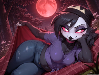 anthro beanie bedding belly belly_overhang bikini blanket blue_bottomwear blue_clothing blush bottomwear breast_squish breasts choker clothed clothing collar denim denim_clothing fat_rolls feathers female flower forest hair hat headgear headwear inviting_under_covers jeans jewelry looking_at_viewer lying lying_on_side moon navel necklace nipple_outline pants pillow plaid plant pupils purple_clothing purple_shirt purple_topwear red_moon red_sclera red_sky sagging_breasts seductive shirt sky slightly_chubby solo squish swimwear thick_thighs topwear tree white_pupils wide_hips sherlock_hound_(director) hellaverse helluva_boss octavia_(helluva_boss) avian bird demon owl director_name hi_res