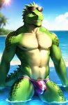 anthro argonian body_hair bulge clothing eyewear facial_hair happy_trail hi_res humanoid male pecs pup_tobey reptile scalie seductive solo speedo summer sunglasses swimming_pool swimwear