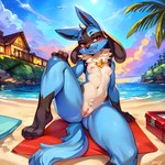 absurd_res anthro beach blue_body blue_fur canid cejekt female fur generation_4_pokemon genitals hi_res lucario mammal pokemon_(species) pussy seaside solo tail