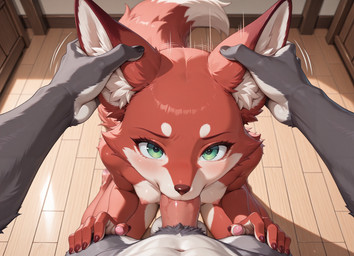 anthro anthro_on_anthro blizzard_entertainment bodily_fluids breasts faceless_character faceless_male fellatio fellatio_pov female first_person_view fox_ears fox_tail fur furniture genital_fluids inner_ear_fluff inside kneeling_on_ground looking_at_viewer male male/female male_pov motion_lines multicolored_body multicolored_fur oral orange_body orange_fur pawpads penile pink_pawpads sex small_breasts solo_focus tuft 11211te warcraft canid canine fox mammal vulpera hi_res