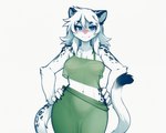 anthro arm_tuft biped black_body black_fur blue_eyes blush bottomwear breasts chest_tuft claws clothed clothing dipstick_tail elbow_tuft eyebrows female female_anthro fingers front_view fur green_clothing hair hands_on_hips inner_ear_fluff kemono long_hair looking_at_viewer markings medium_breasts midriff multicolored_tail navel pink_nose shirt silk_teddy simple_background skirt smile solo spots spotted_body spotted_fur standing tail_markings topwear translucent translucent_clothing tuft white_background white_body white_fur white_hair aphid butterwolf felid mammal pantherine snow_leopard digital_media_(artwork) hi_res portrait shaded three-quarter_portrait