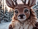 anthro antlers black_nose brown_body brown_eyes brown_fur day detailed_background detailed_fur eyelashes female fur hair horn looking_at_viewer outside plant realistic realistic_fur sky smile snow snowing solo tree winter jelloponies cervid mammal bust_portrait detailed hi_res portrait