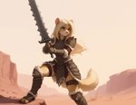 anthro armor blonde_hair boots clothing fantasy female footwear hair melee_weapon red_eyes serious_face solo sword weapon monster_hunter mila_minx mammal mink mustelid musteline true_musteline absurd_res hi_res