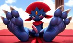 3_toes anthro balls barefoot blush bodily_fluids claws erection feet foot_focus genitals looking_at_viewer male nude outside paws penis plantigrade red_eyes sitting soles solo sweat teeth text toe_claws toes vein wrinkled_feet wrinkles sergalbutt nintendo pokemon generation_4_pokemon pokemon_(species) weavile alternate_version_at_source signature url
