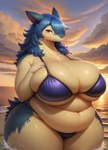 anthro bedroom_eyes belly_folds belly_overhang big_breasts bikini blue_body blue_hair breasts bulging_breasts cleavage cleavage_overflow clothed clothing cloud curvy_figure female generation_2_pokemon hair hand_on_breast huge_breasts huge_hips huge_thighs long_hair looking_at_viewer love_handles mature_female multicolored_body narrowed_eyes obese overweight partially_submerged pokemon_(species) portrait pseudochmod purple_clothing red_eyes sea seductive side_boob sky smile solo standing_in_water sunset swimwear thick_thighs three-quarter_portrait three-quarter_view two_tone_body typh_wife_(pseudochmod) typhlosion under_boob voluptuous water wide_hips yellow_body