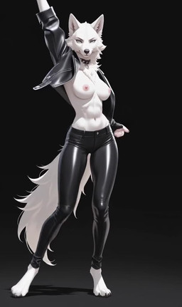 anthro barefoot bent_over big_tail black_background bottomwear bracelet breasts cheek_tuft chest_tuft clothed clothing collar collar_ring facial_tuft feet female fingerless_gloves front_view fur gloves grey_eyes handwear jacket jewelry knees_bent leather leather_clothing leather_jacket leather_topwear looking_at_viewer medium_breasts midriff mouth_closed nipples on_one_leg open_clothing open_jacket open_mouth open_topwear pants pose simple_background skinny solo spiked_bracelet spiked_collar spikes standing tight_bottomwear tight_clothing tight_pants tiptoes topwear tuft walking white_body white_fur cattywampus canid canine canis mammal wolf 2025 animated short_playtime webm
