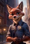 anthro badge city city_background clothing ears_up half-closed_eyes hands_together head_tilt looking_at_viewer male narrowed_eyes necktie police_uniform smile smug solo uniform zootopia speedykiwi nick_wilde canid canine fox mammal absurd_res hi_res