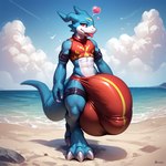 anthro armor beach belt_buckle big_bulge blue_body bulge clothing huge_bulge hyper hyper_bulge jockstrap male nude ocean_view seaside solo underwear big_balls_ai digimon_(species) flamedramon