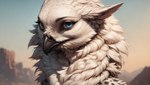 absurd_res anthro avian beak black_spots blue_eyes detailed_eyes female fluffy fur headshot_portrait hi_res looking_at_viewer mountains neck_tuft oldhroft portrait solo spots spotted_body spotted_fur tuft velari wallpaper white_body white_fur