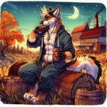 anthro beverage black_body black_fur black_nose brown_body brown_eyes brown_fur building canid canine clothed clothing fur hair holding_beverage holding_object jewelry male mammal moon necklace night plant sitting soaralan25 solo star tree white_body white_fur white_hair