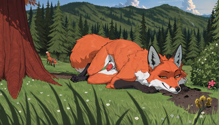 ambiguous_gender anatomically_correct anatomically_correct_genitalia animal_genitalia animal_penis balls bedroom_eyes black_body black_fur black_nose canine_genitalia canine_penis claws cloud day detailed_background dipstick_tail duo erection evergreen_tree feral flower forest fur genitals grass inner_ear_fluff leg_markings looking_at_viewer lying male markings mountain multicolored_body multicolored_fur narrowed_eyes nature orange_body orange_fur outside paws penis plant quadruped seductive sheath sky smile socks_(marking) solo_focus tail tail_markings tree tuft white_body white_fur soloko canid canine fox mammal red_fox true_fox digital_media_(artwork) hi_res
