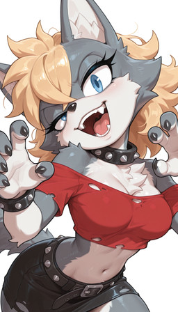 anthro belt blonde_hair bracelet breasts choker claws clothing crop_top eyelashes female fluffy fur grey_body grey_fur hair jewelry medium_hair multicolored_body multicolored_fur navel neck_tuft necklace open_mouth open_smile shirt simple_background smile smiling_at_viewer solo spiked_bracelet spiked_choker spikes tail teeth topwear tuft two_tone_body two_tone_fur white_body white_fur crody sega sonic_the_hedgehog_(series) canid canine canis fox mammal wolf hi_res