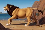 all_fours beach belly big_belly feral fur male mane outside sea seaside sky solo standing vore vore_belly water person111102 felid lion mammal pantherine