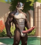 5_fingers abs anthro areola balls big_penis canid canine canis fingers fur genitals hi_res holding_penis male mammal muscular muscular_anthro muscular_male navel nintendo nipples penis pool riseflux solo star_fox wolf wolf_o'donnell