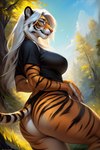 anthro black_clothing black_shirt black_topwear clothing female forest hair long_hair plant shirt solo topwear tree white_hair kathrin_(director) felid mammal pantherine tiger