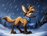 ambiguous_gender cold feral forest forest_background long_legs nature nature_background plant sad scarf snow snowing snowstorm solo toony tree winter_background otterball canid canine mammal maned_wolf hi_res