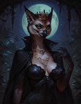 anthro beak black_beak black_clothing black_coat black_dress black_topwear breasts brown_body brown_feathers chest_tuft cleavage clothed clothing coat crown detailed_background dress evil_grin feathers female green_eyes high_collar inner_ear_fluff jewelry jungle looking_at_viewer moon necklace night night_sky nipple_outline smile smug solo standing topwear tuft upper_body white_body white_feathers crixxaw avian bird owl hi_res