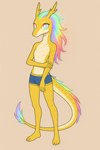 anthro clothing featureless_chest female flat_chested gold_scales hair looking_at_viewer multicolored_eyes multicolored_hair mythology rainbow_eyes rainbow_hair simple_background solo swimming_trunks swimwear director_veprem amaterasu_(veprem) dragon eastern_dragon mythological_creature mythological_scalie scalie hi_res
