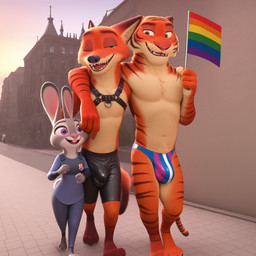 3_toes 4_fingers anthro arm_around_neck badge balls_outline barefoot belly black_nose blue_bottomwear blue_clothing blue_pants blue_shirt blue_topwear bottomwear briefs briefs_only brown_ear_tips brown_stripes buckteeth bulge canine_nose city city_background claws clothing cobblestone confetti detailed_bulge disney dusk feet feline_tail female fingers flag fluffy fluffy_tail front_view fur genital_outline green_eyes grey_body grey_fur group happy harness holding_flag holding_object inner_ear_fluff leather leather_bottomwear leather_clothing leather_harness leather_shorts lgbt_pride lgbt_pride_month looking_aside male molkeunkemoxl_(model) narrowed_eyes navel one_eye_closed open_mouth orange_body orange_fur outside pants pattern_clothing pink_nose pride_color_flag pride_colors purple_eyes red_body red_fur road shirt shirtless_anthro shirtless_male shorts side_by_side size_difference sky smile speedo speedo_only striped_body striped_clothing striped_fur stripes swimwear tan_belly teeth tight_bottomwear tight_clothing tight_shorts toes tongue topwear trio tuft underwear walking whisker_spots wide_eyed wink scoutr zootopia background_character judy_hopps nick_wilde tiger_dancer_(zootopia) canid canine felid fox lagomorph leporid mammal pantherine rabbit red_fox tiger 3d_(artwork) digital_media_(artwork) hi_res