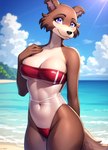 anthro beach breasts canid canine canis cleavage clothed clothing elfurro female gris_swimsuit juno_(beastars) mammal seaside seductive solo swimwear tight_clothing wolf