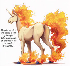 anus bodily_fluids dialogue female feral fire genital_fluids genitals horn looking_back pussy pussy_juice red_eyes simple_background solo standing text white_background lightning7 nintendo pokemon equid equine generation_1_pokemon mammal pokemon_(species) rapidash hi_res