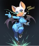 anthro breasts clothing cosplay crossover crossover_cosplay eyeshadow female footwear fur green_eyes lipstick makeup simple_background solo sonic_the_hedgehog_(series) text white_body white_fur wings zero_suit unknown_director metroid rouge_the_bat samus_aran chiropteran mammal english_text hi_res