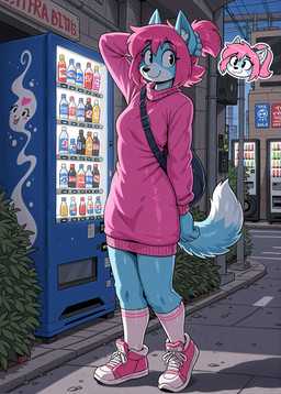 anthro bag bangs blue_body blue_fur city cityscape clothing debris detailed_background female fluffy footwear fur hair hand_on_head outline outside pink_hair plant ponytail poster_(object) shoes short_hair sneakers socks solo standing sweater_dress three-quarter_view vending_machine holo_(director) canid canine canis domestic_dog mammal absurd_res detailed hi_res