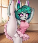 animal_ears annoyed bottomwear clothing dancewear female flexible green_hair hair legwear looking_away one_leg_up panties pantyhose purple_eyes raised_leg short_stack skirt solo splits spread_legs spreading standing tutu underwear upskirt vertical_splits dr_crapola vex_(league_of_legends) humanoid yordle hi_res