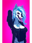 3:4 anthro black_nose bone breasts canid canine canis cleavage clothed clothing female hair jacket jewelry looking_at_viewer makeup mammal monster narrowed_eyes open_mouth seductive simple_background skull solo topwear wolf yiffye18