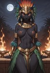 anthro armor aztec belt black_claws bracers breasts claws clothed clothing exposed_breasts feathers female fire gem gold_(metal) gold_jewelry gold_markings headdress headgear jewelry leaning_on_wall makeup markings moon navel necklace night nipples plant pupils red_eyes slit_pupils solo topless tree whiskers whigwham felid feline mammal pantherine absurd_res hi_res
