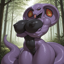 anthro big_breasts black_body black_scales black_sclera breasts claws day female forest genitals navel nipples non-mammal_breasts non-mammal_nipples orange_eyes outside plant pupils purple_body purple_scales pussy scales slit_pupils snake_hood solo tree zoc nintendo pokemon arbok cobra generation_1_pokemon pokemon_(species) reptile scalie snake hi_res