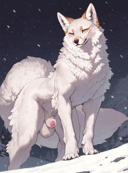 animal_genitalia animal_penis balls black_claws black_nose canine_genitalia canine_penis claws dark_background dewclaw feral fluffy fluffy_tail front_view fur genitals half-closed_eyes inner_ear_fluff looking_at_viewer male markings narrowed_eyes orange_eyes outside penis penis_tip plant sheath snow snowing solo standing tail tree tuft white_body white_fur cerinil canid canine fox mammal absurd_res hi_res
