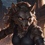 angry anthro close-up clothing female fur hair long_hair solo teeth torn_clothing ivorymane canid canine canis mammal wolf watermark