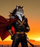 anthro black_hair black_overcoat cloak clothing felid feline hair hi_res long_hair lynx male mammal pirate sea ship solo sunset vehicle water watercraft