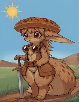 anthro blue_eyes brown_eyes clothing cookie eyewear fluffy fluffy_tail food fur goggles grass hat headgear headwear melee_weapon mountains plant solo spots sun sword topwear vest weapon icefoxai hi_res