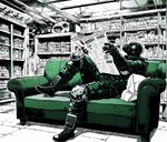ambiguous_gender armor biped book bookshelf boots clothed clothing detailed_background footwear furniture gas_mask handwear headgear helmet holding_object inside knee_pads lounging male mask newspaper on_sofa pillow reading reclining shelf sitting sofa solo text anonymous_director kaiman_(dorohedoro) iguanid lizard reptile scalie japanese_text monochrome