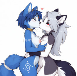 accessory anthro blue_body blue_fur blue_hair blush breast_grab breast_squish breasts breasts_frottage cheek_tuft circlet clothing collar crossover duo eyes_closed eyeshadow facial_tuft female female/female fingerless_gloves floating_heart fur furgonomic gloves grey_body grey_eyes grey_fur grey_hair hair half-closed_eyes hand_on_breast hand_on_hip handwear kissing makeup markings medium_breasts narrowed_eyes nipples notched_ear nude pupils red_sclera side_view simple_background slit_pupils spiked_collar spikes squish standing tail_accessory tailband tribal tribal_markings tuft white_background white_body white_fur verbotenvertex hellaverse helluva_boss nintendo star_fox krystal_(star_fox) loona_(helluva_boss) canid canine canis fox mammal wolf 2025 absurd_res hi_res