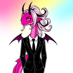 anthro bat_wings formal_clothing girly hair horn long_hair long_neck male membrane_(anatomy) membranous_wings pink_body pink_eyes simple_background slip_(veprem) solo tied_hair wings director_veprem demon eel fish hybrid marine succubus