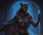 anthro armor cape cloak clothing female green_eyes night solo weapon ivorymane felid mammal pantherine watermark