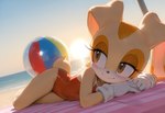 anthro balloon beach beach_towel blush brown_eyes butt clothed clothing female fur happy inflatable lying navel outside sand scut_tail sea seaside short_tail smile solo swimwear towel tuft water metal-x sonic_the_hedgehog_(series) cream_the_rabbit lagomorph leporid mammal rabbit 2025 alternate_version_at_source hi_res