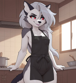 anthro apron apron_only black_body black_clothing black_fur black_nose breasts cabinet claws clothing cooking_pot erect_nipples female fluffy fluffy_tail fur grey_body grey_fur hair kitchen mostly_nude nipple_outline nipples red_sclera silver_hair solo white_body white_eyes white_fur window epicfox helluva_boss loona_(helluva_boss) canid canid_demon canine canis demon hellhound mammal wolf director_name hi_res watermark