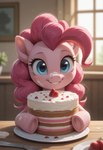 blue_eyes cake cutlery dessert dirt female feral food fork fruit fur furniture hair hooves kitchen_utensils looking_at_viewer pink_body pink_hair plant smile solo strawberry table tools tuft window window_light humgeogre friendship_is_magic my_little_pony pinkie_pie_(mlp) equid equine horse mammal pony hi_res