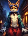 anthro bell bell_collar blinx blinx_the_time_sweeper bottomwear bulge city city_background clothed clothing collar eyewear eyewear_on_head felid feline gloves goggles goggles_on_head handwear hi_res male mammal navel nipples pants partially_clothed solo styx343 topwear