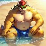 anthro beach belly bottomwear bowser bulge clothing fangs horn male pecs pup_tobey reptile sand scalie seaside seductive shorts solo swimwear underwear water