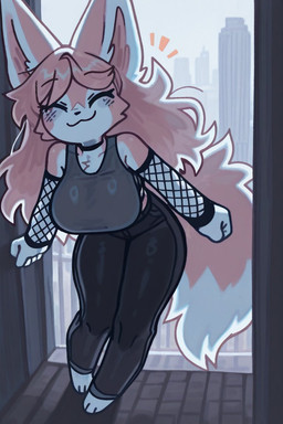 anthro big_breasts big_ears big_tail blush blush_lines bottomwear breasts city city_background clothing crop_top denim denim_clothing eyes_closed female fishnet fishnet_armwear fluffy fluffy_tail fur hair huge_breasts jeans long_hair pants paws pink_body pink_fur shirt solo tail topwear wide_hips iacabria canid mammal